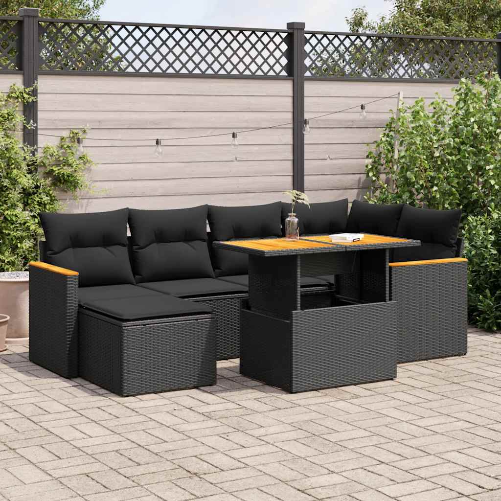 Set Divani da Giardino con Cuscini 7pz Nero Polyrattan Acacia