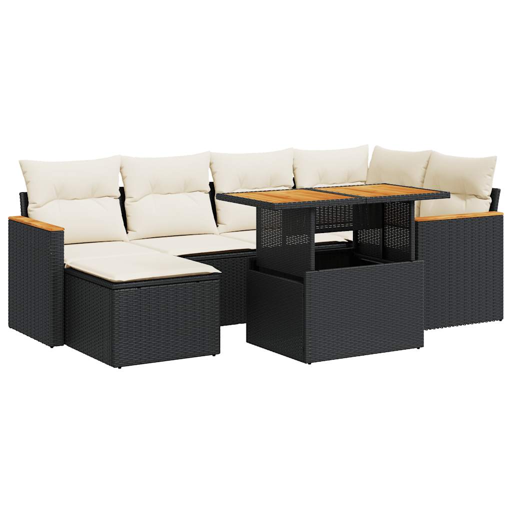 Set Divani da Giardino con Cuscini 7pz Nero Polyrattan Acacia