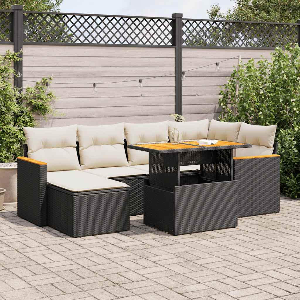 Set Divani da Giardino con Cuscini 7pz Nero Polyrattan Acacia