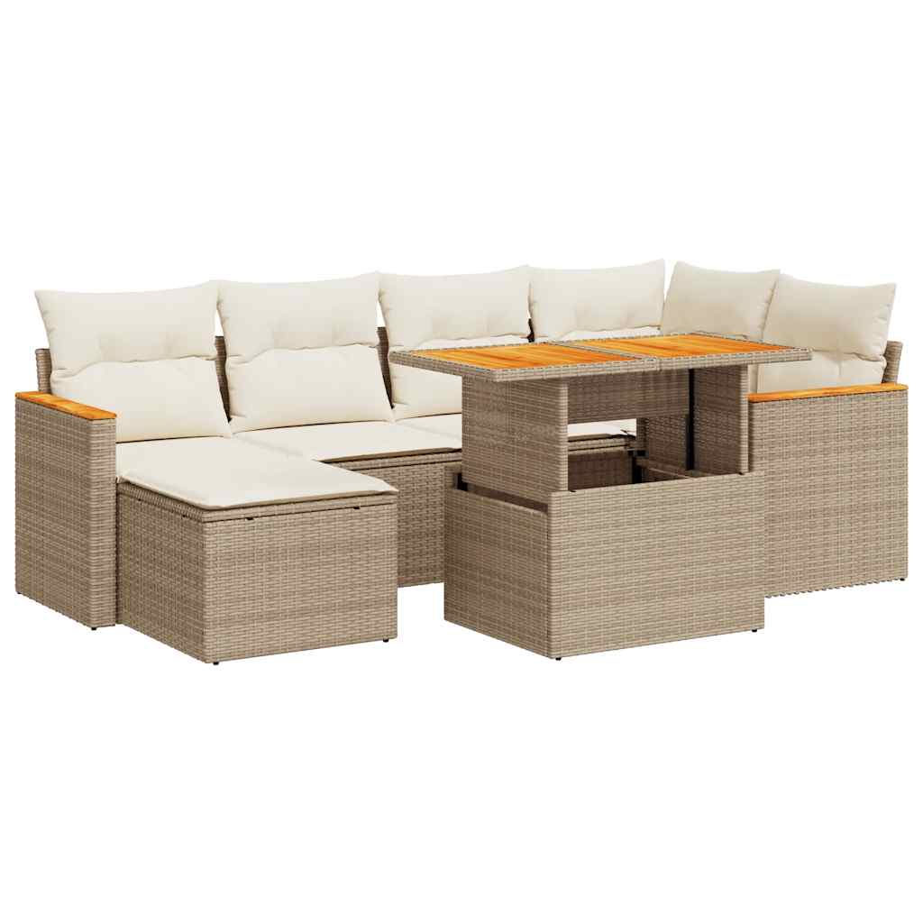 Set Divani da Giardino 7 pz con Cuscini Beige Polyrattan Acacia