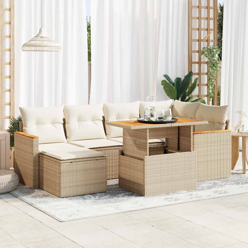 Set Divani da Giardino 7 pz con Cuscini Beige Polyrattan Acacia