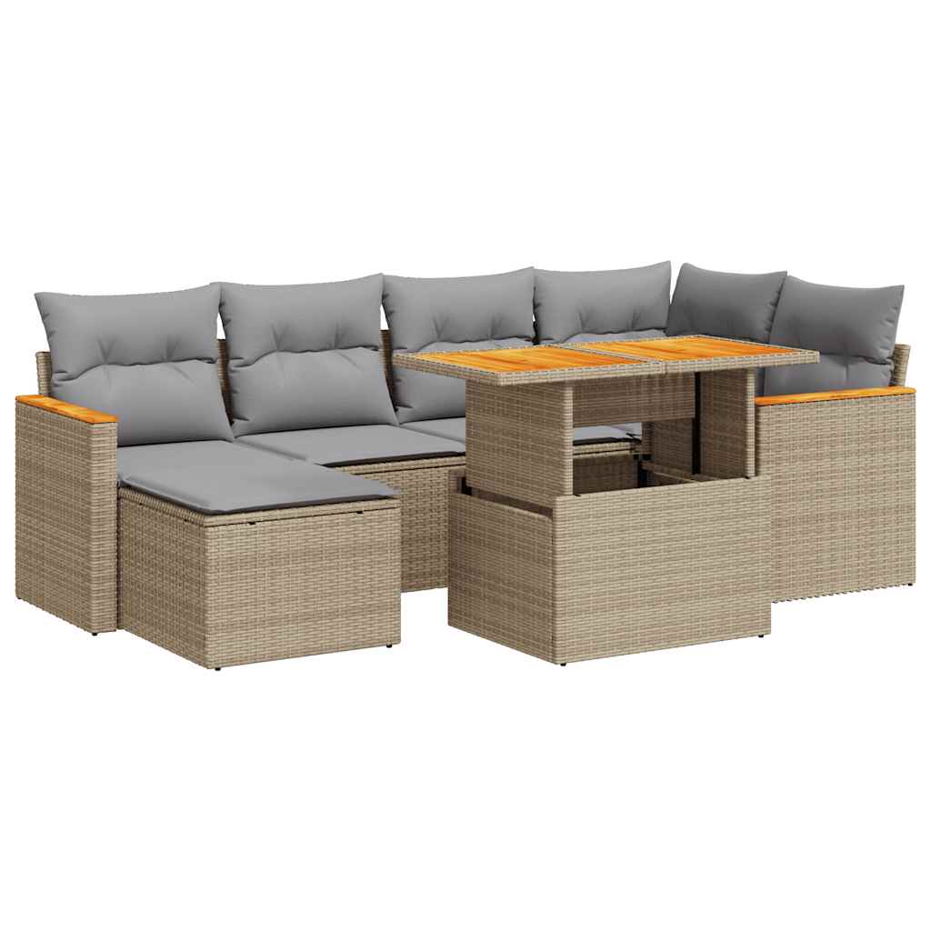 Set Divani da Giardino 7 pz con Cuscini Beige Polyrattan Acacia