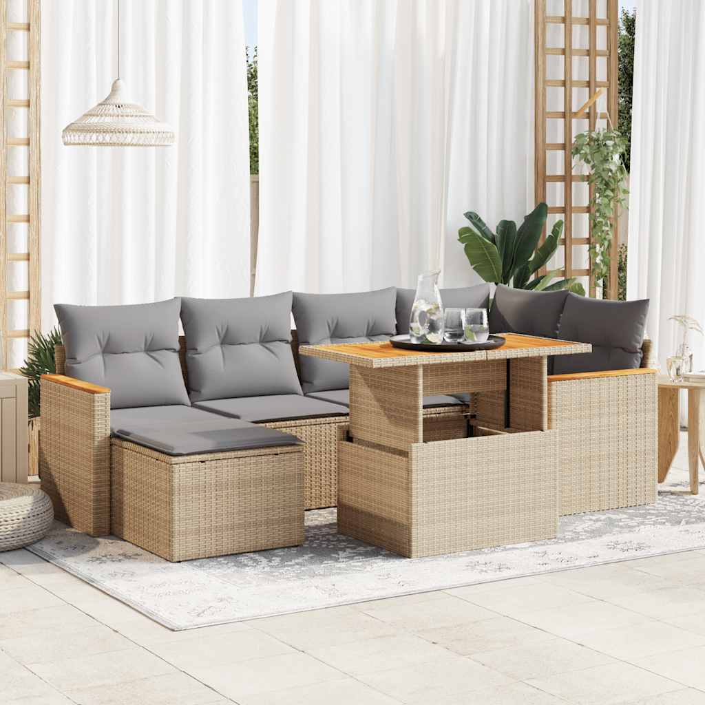 Set Divani da Giardino 7 pz con Cuscini Beige Polyrattan Acacia