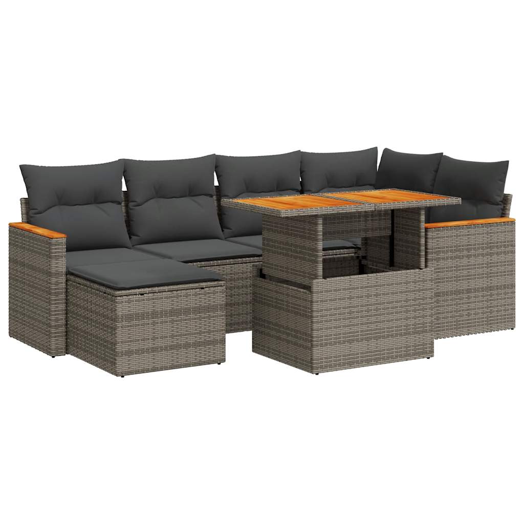 Set Divani da Giardino 7pz con Cuscini Grigio Polyrattan Acacia