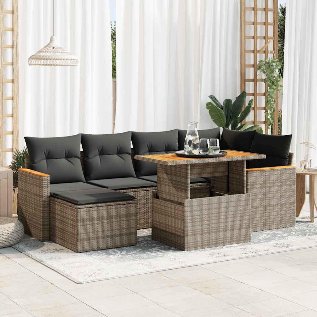 Set Divani da Giardino 7pz con Cuscini Grigio Polyrattan Acacia