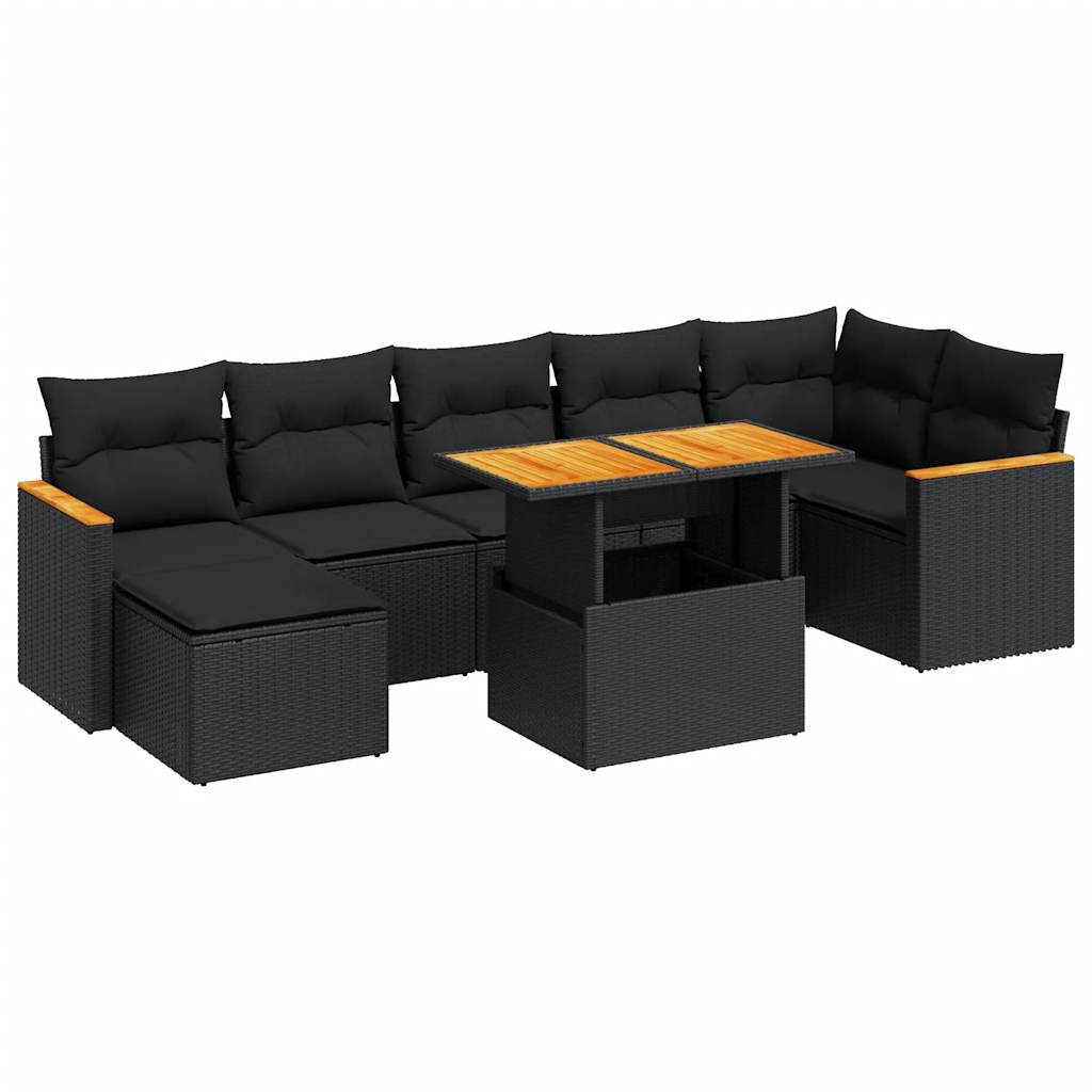 Set Divani da Giardino con Cuscini 8 pz Nero Polyrattan Acacia