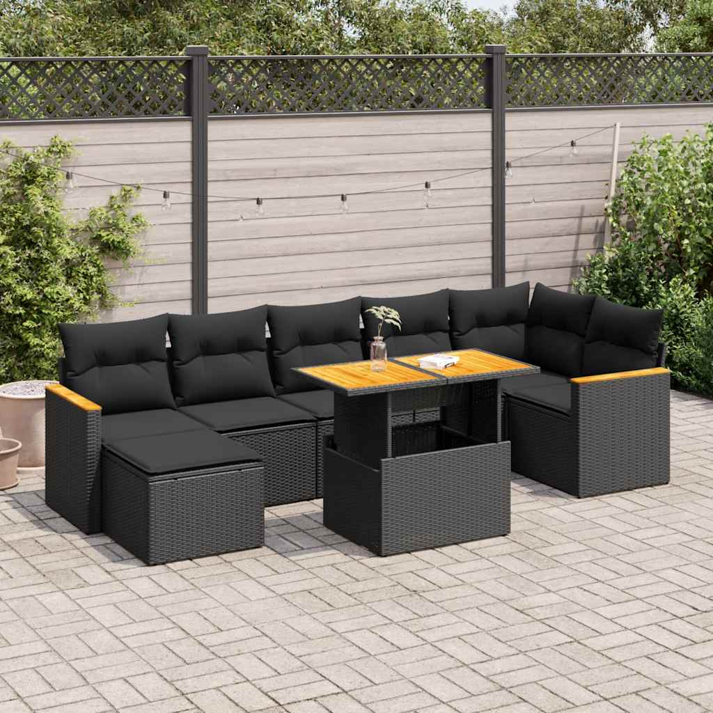 Set Divani da Giardino con Cuscini 8 pz Nero Polyrattan Acacia