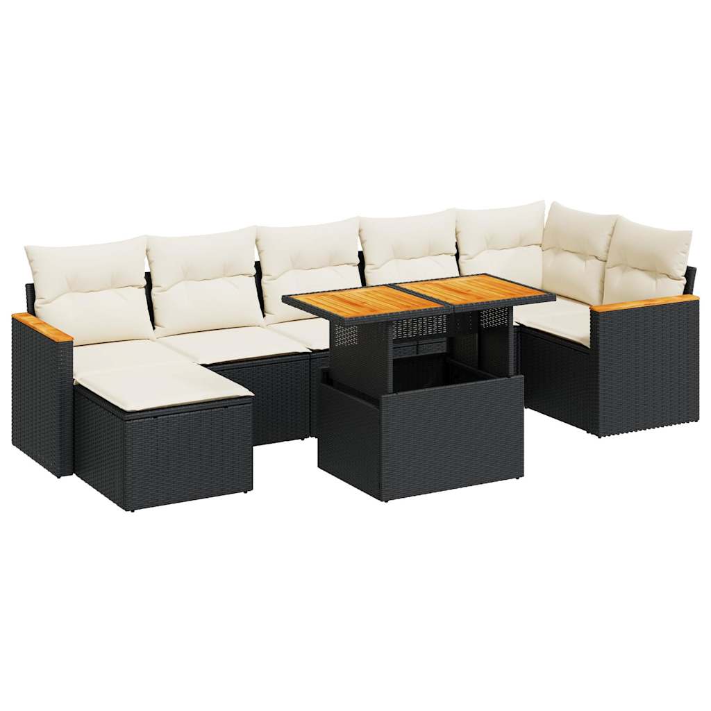 Set Divani da Giardino con Cuscini 8 pz Nero Polyrattan Acacia