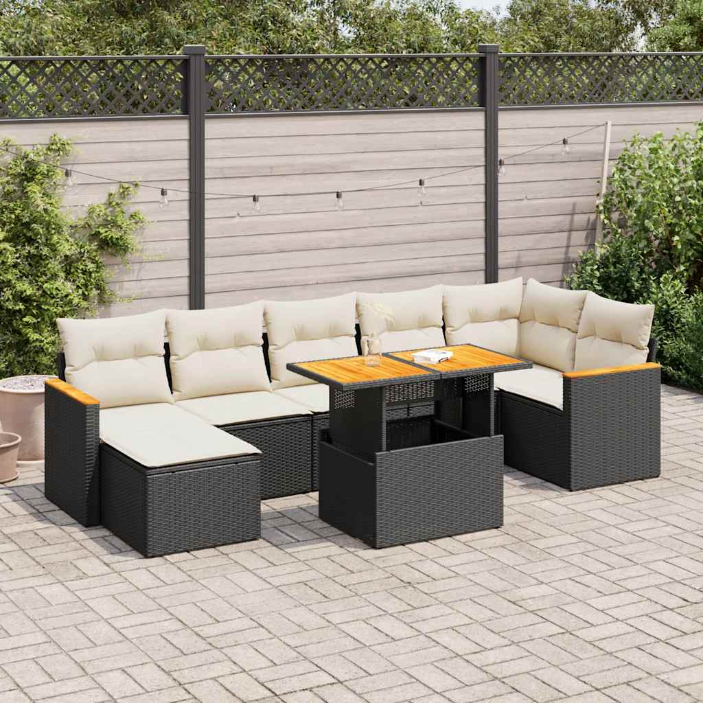 Set Divani da Giardino con Cuscini 8 pz Nero Polyrattan Acacia