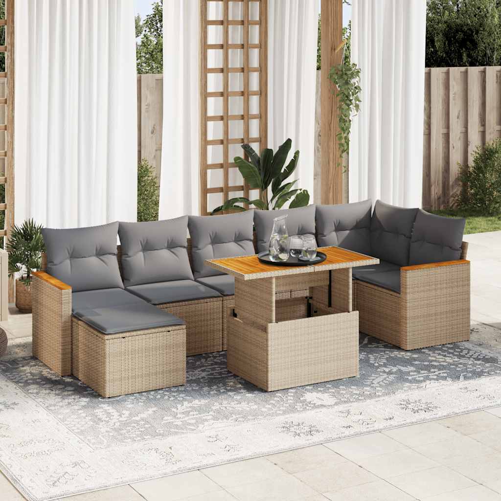 Set Divano da Giardino 8 pz con Cuscini Beige Polyrattan Acacia