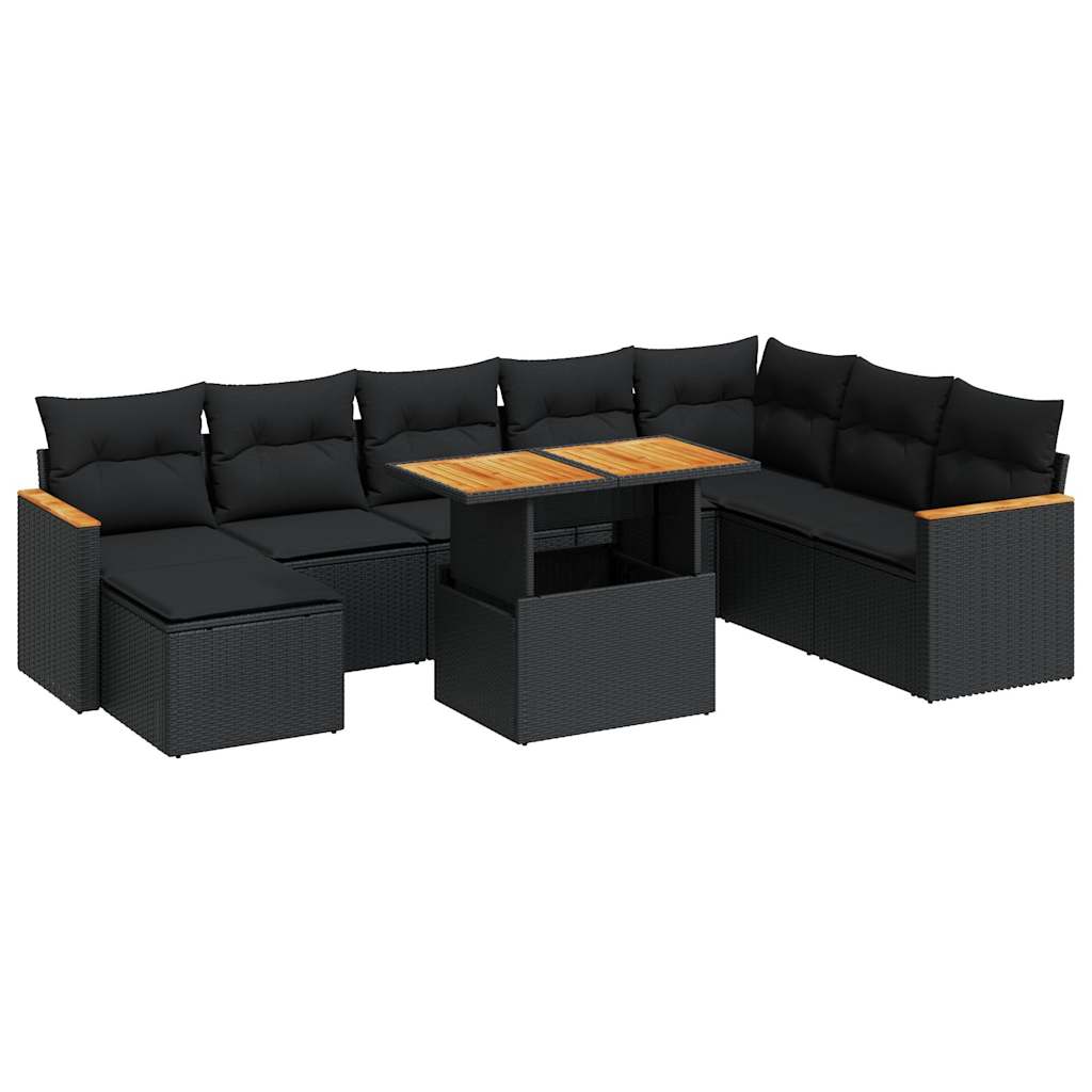 Set Divani da Giardino 9 pz con Cuscini Nero Polyrattan Acacia