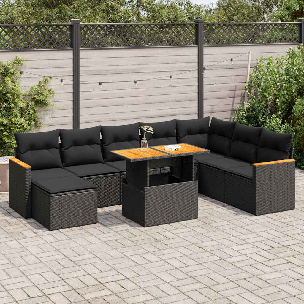 Set Divani da Giardino 9 pz con Cuscini Nero Polyrattan Acacia