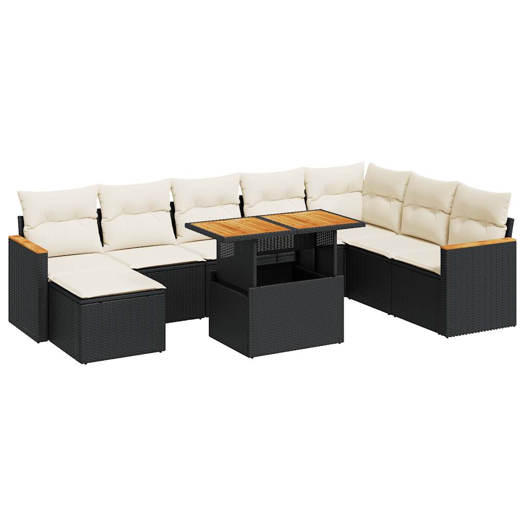 Set Divani da Giardino 9 pz con Cuscini Nero Polyrattan Acacia