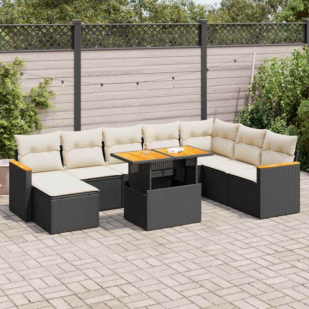 Set Divani da Giardino 9 pz con Cuscini Nero Polyrattan Acacia