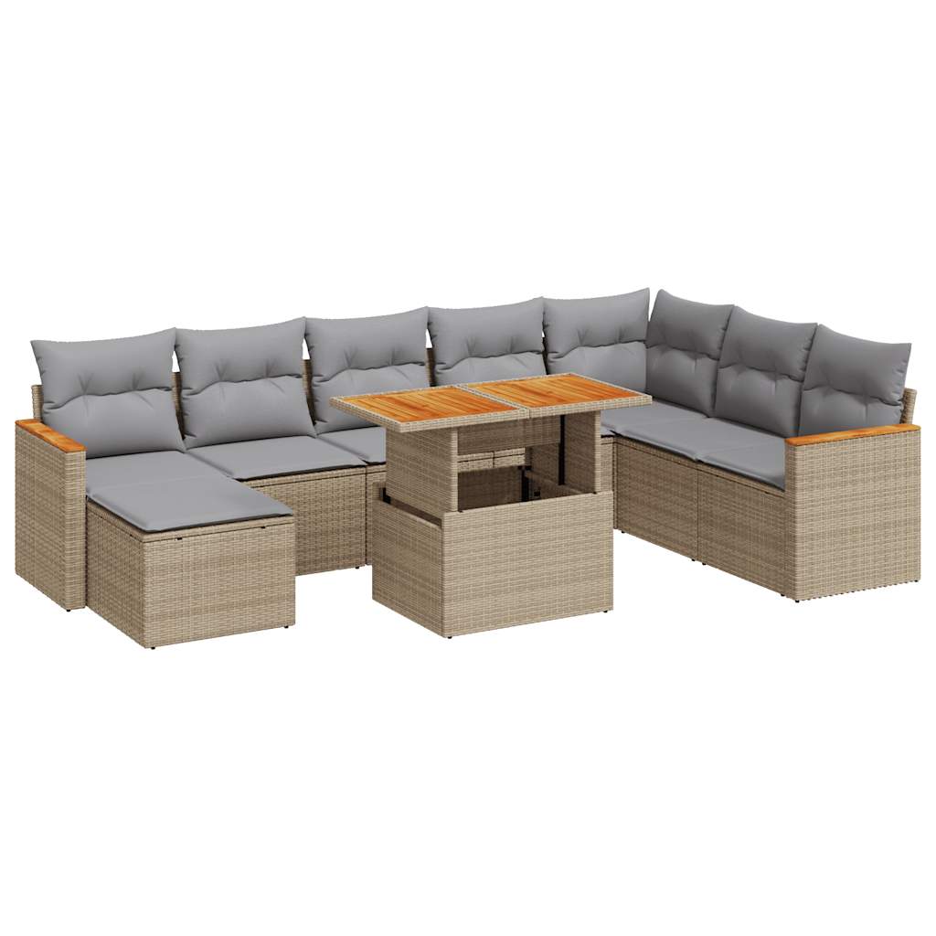 Set Divano da Giardino 9 pz con Cuscini Beige Polyrattan Acacia