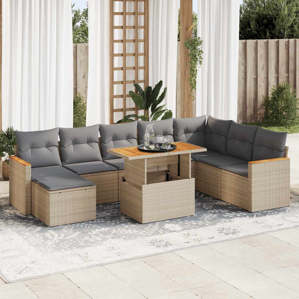 Set Divano da Giardino 9 pz con Cuscini Beige Polyrattan Acacia