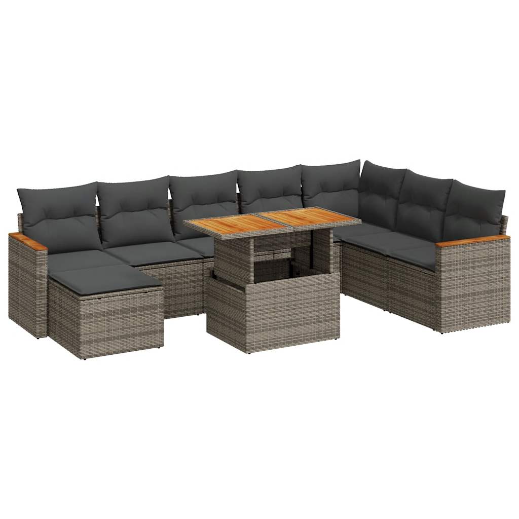 Set Divano da Giardino 9pz con Cuscini Grigio Polyrattan Acacia