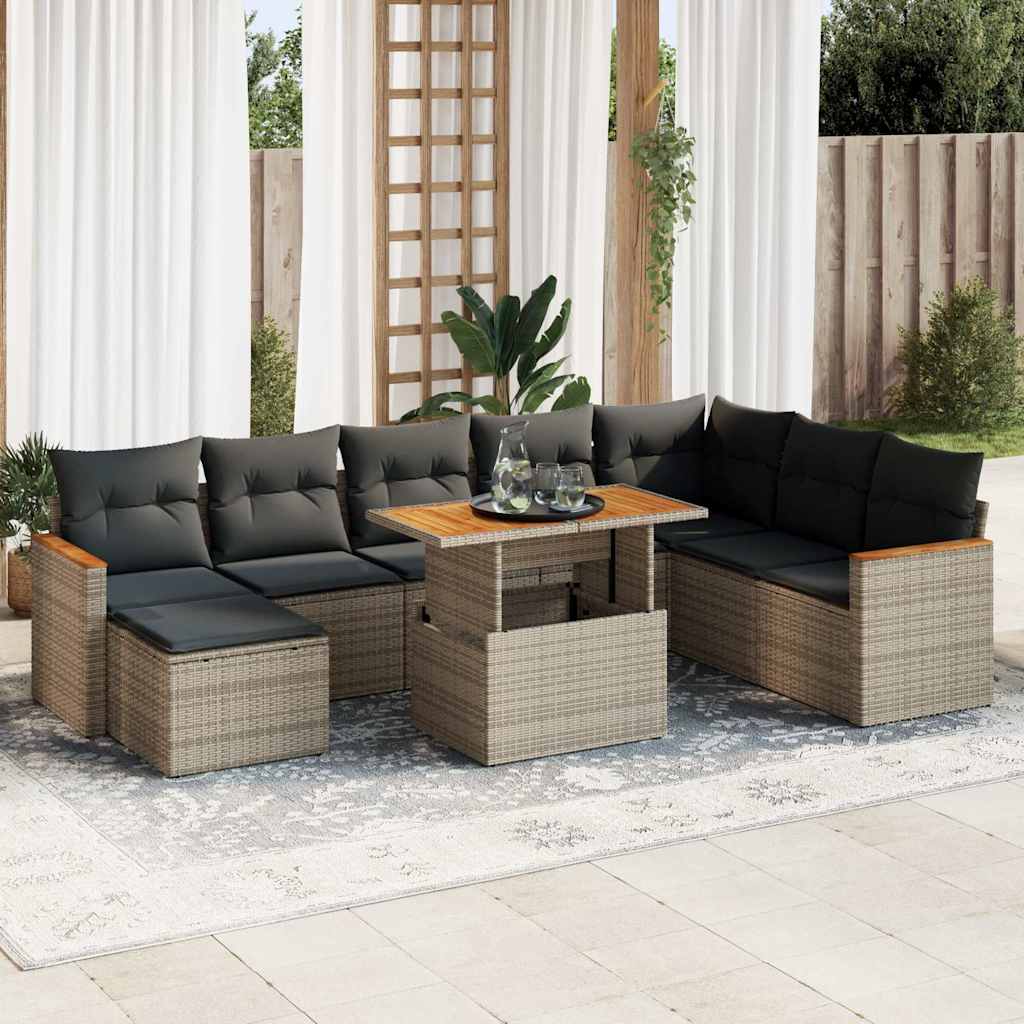 Set Divano da Giardino 9pz con Cuscini Grigio Polyrattan Acacia