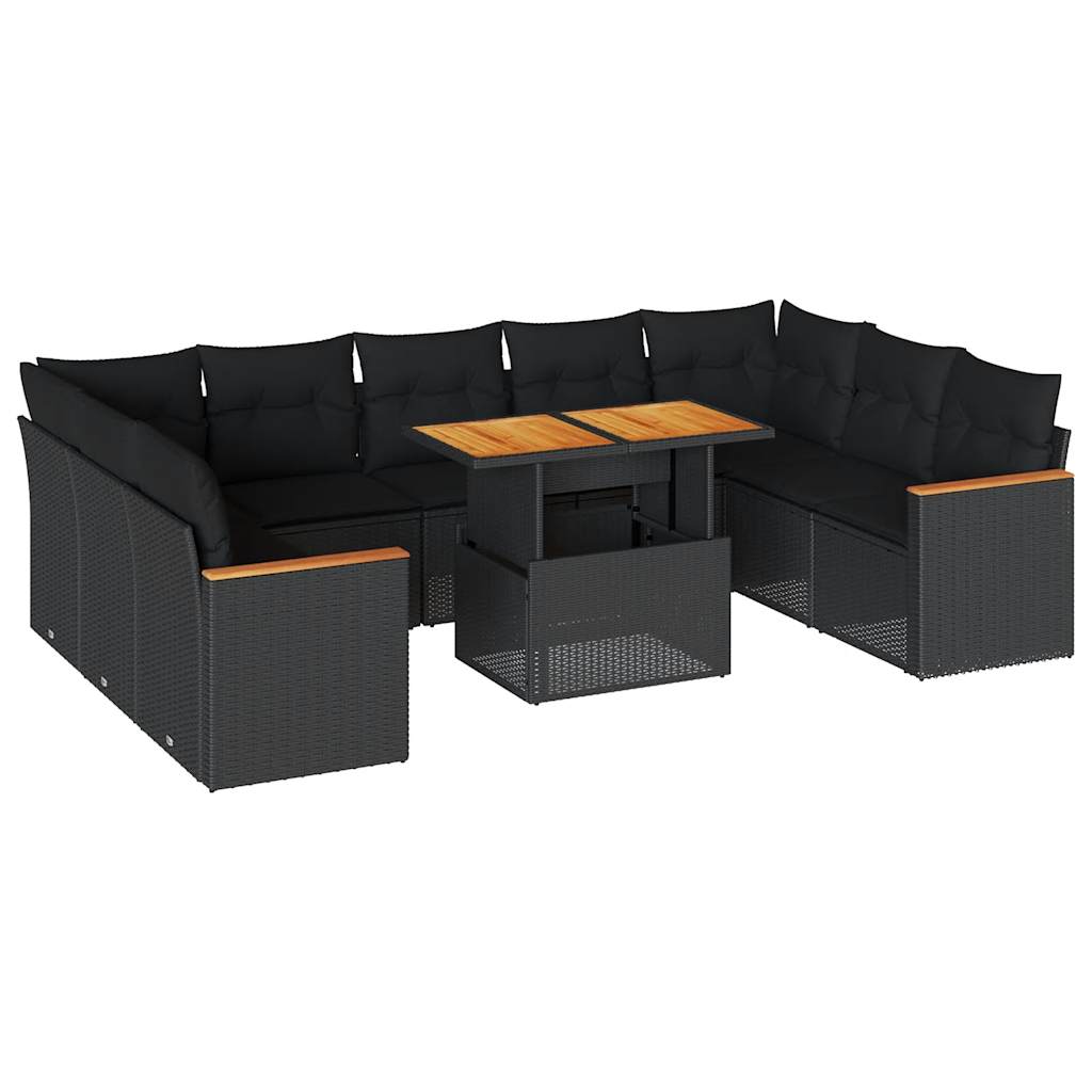 Set Divani Giardino 10pz con Cuscini Nero in Polyrattan Acacia