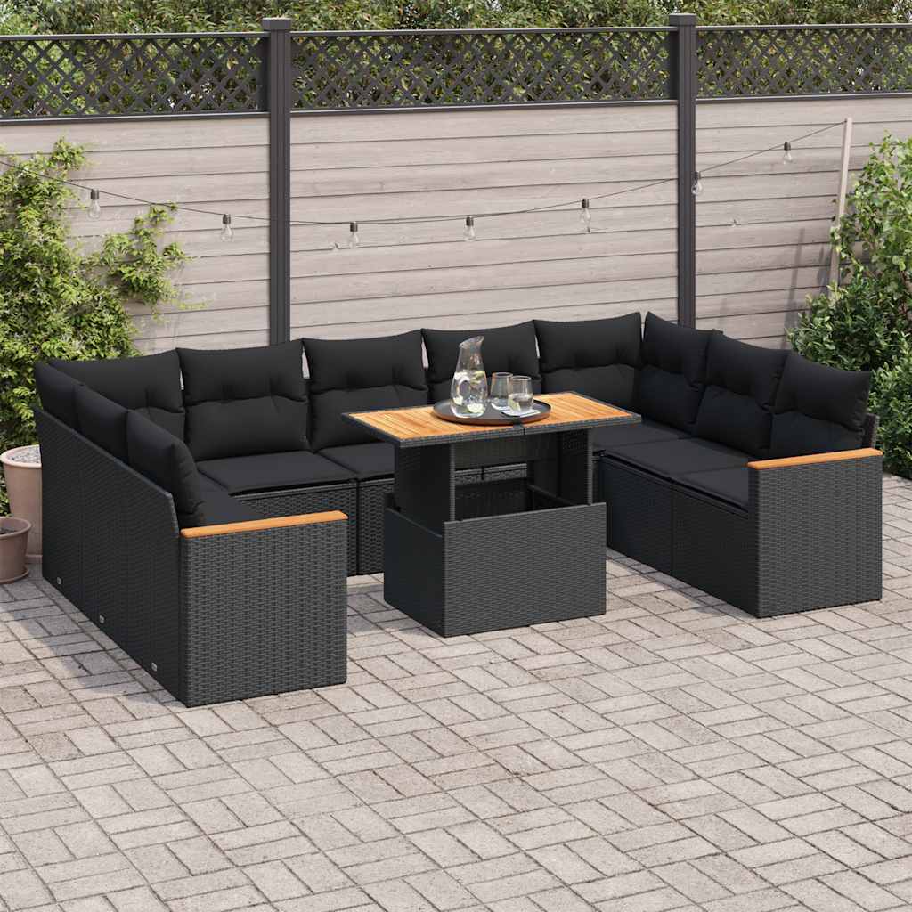 Set Divani Giardino 10pz con Cuscini Nero in Polyrattan Acacia