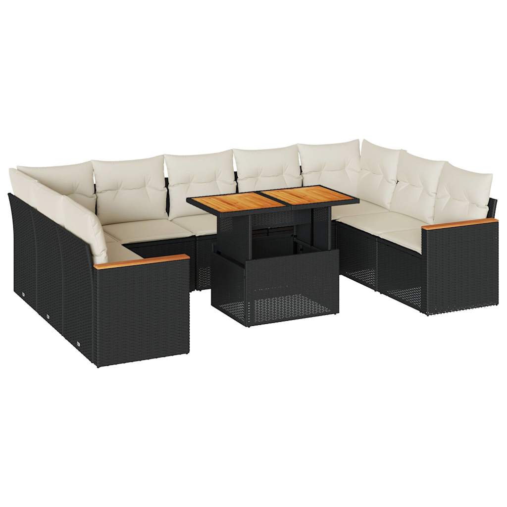 Set Divani Giardino 10pz con Cuscini Nero in Polyrattan Acacia