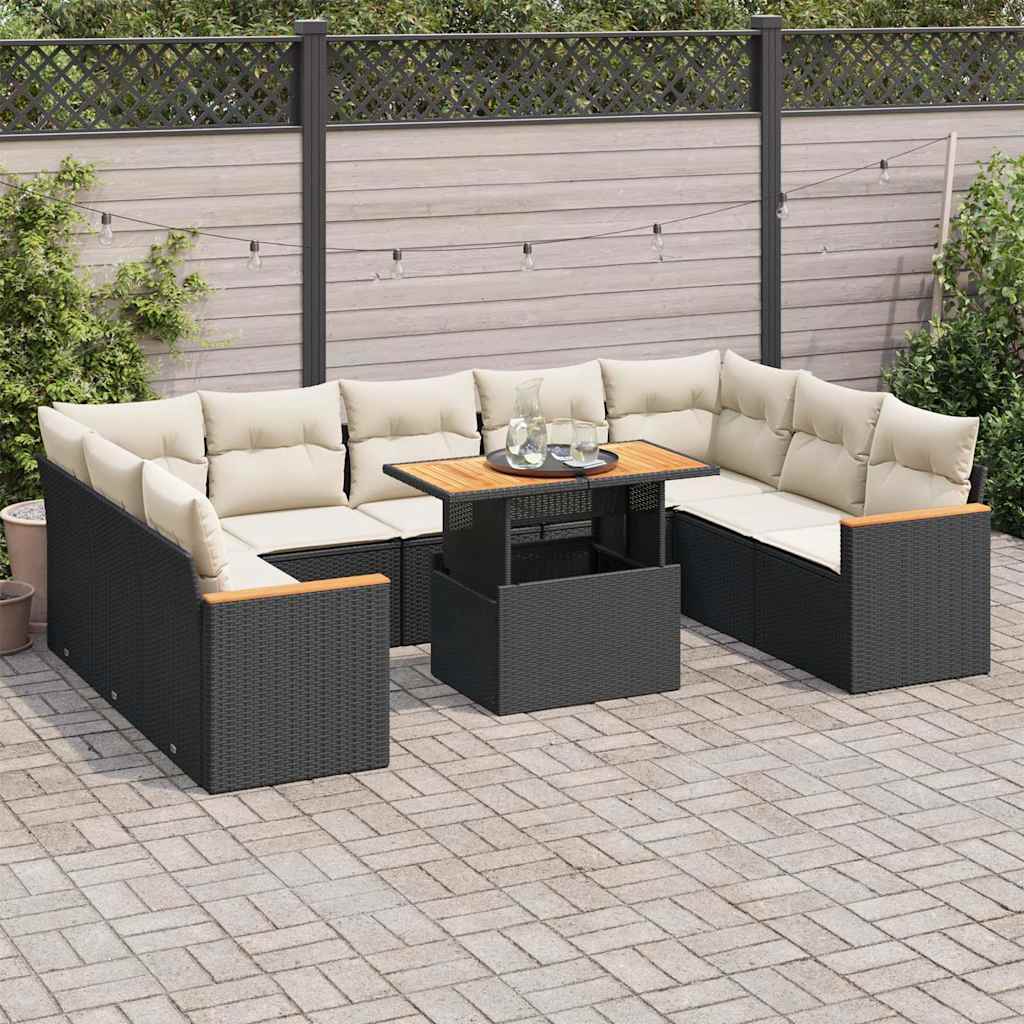 Set Divani Giardino 10pz con Cuscini Nero in Polyrattan Acacia