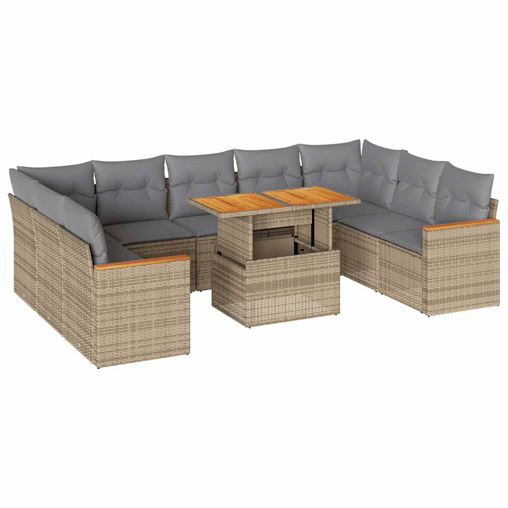 Divano da Giardino 10 pz con Cuscini Beige in Polyrattan Acacia