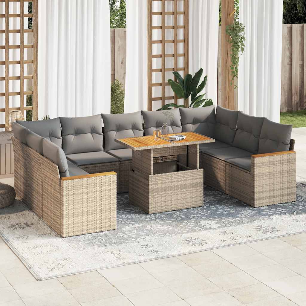 Divano da Giardino 10 pz con Cuscini Beige in Polyrattan Acacia