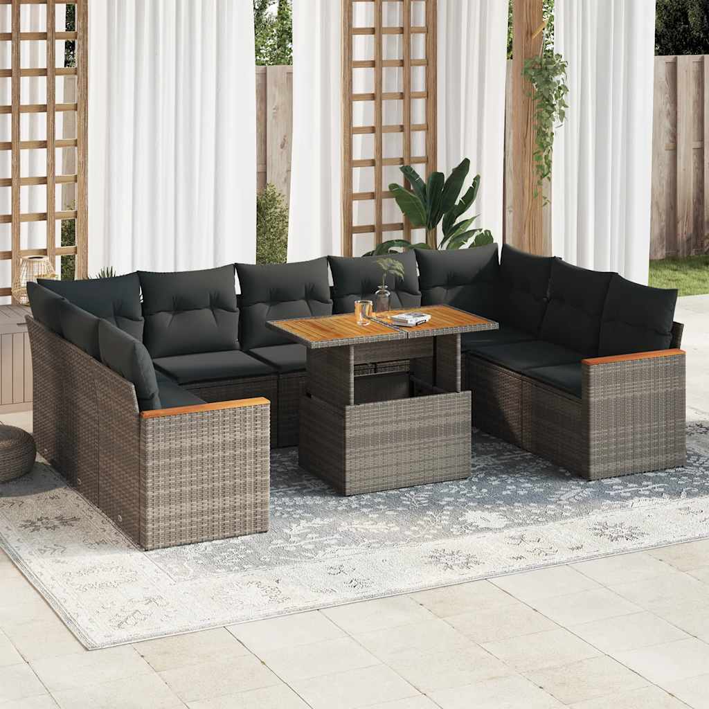 Divano Giardino 10 pz con Cuscini Grigio in Polyrattan Acacia