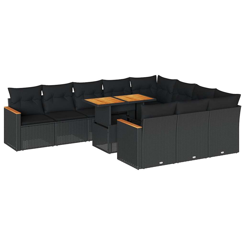 Set Divani da Giardino 11 pz con Cuscini Polyrattan Acacia Nero