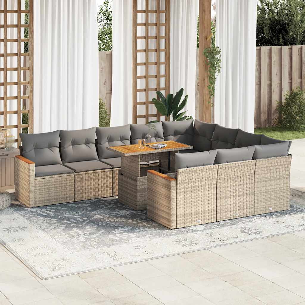 Set Divani da Giardino 11pz con Cuscini Beige Acacia Polyrattan