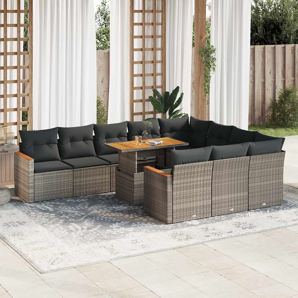 Set Divani Giardino 11 pz con Cuscini Polyrattan Acacia Grigio