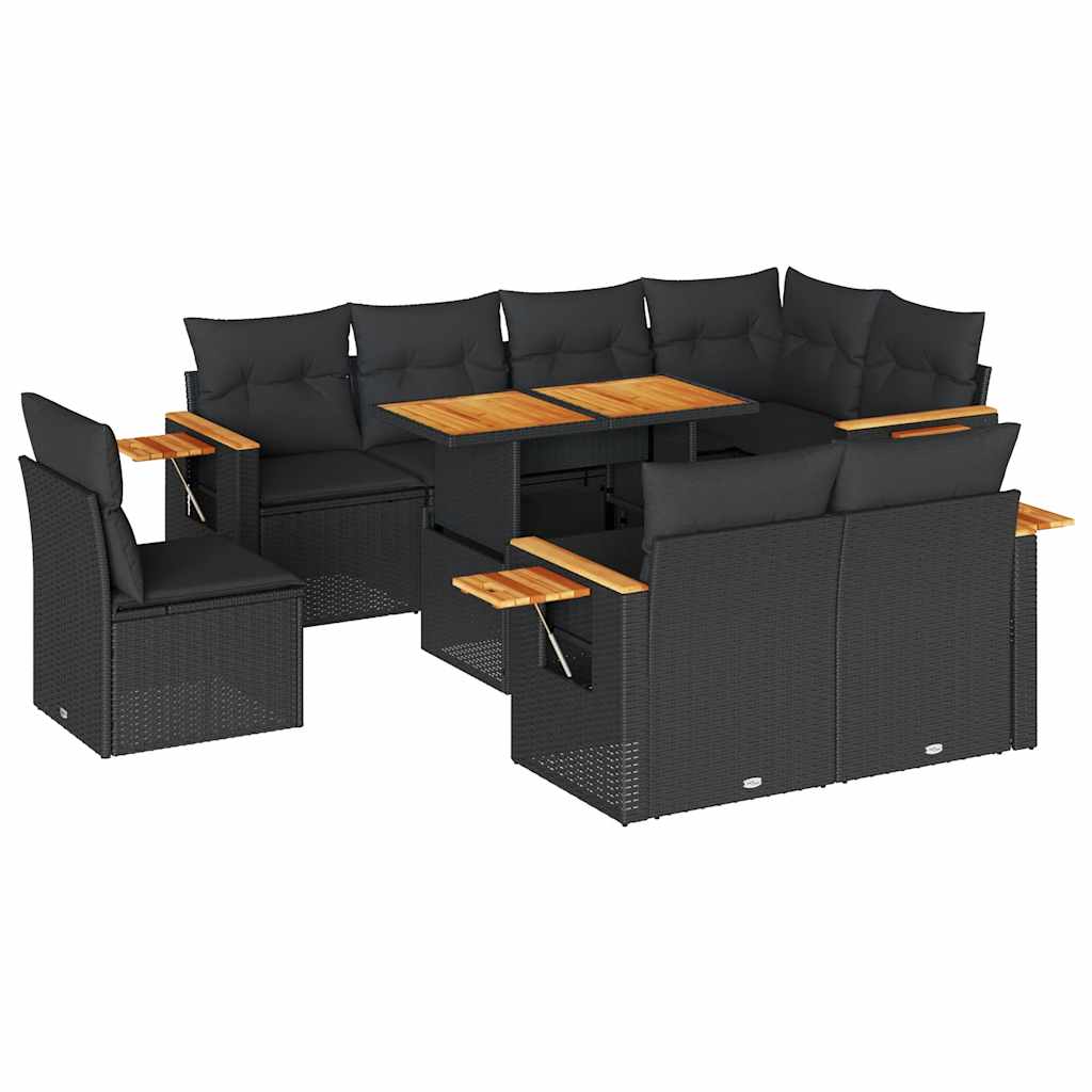 Set Divani da Giardino 9 pz con Cuscini Nero Polyrattan Acacia