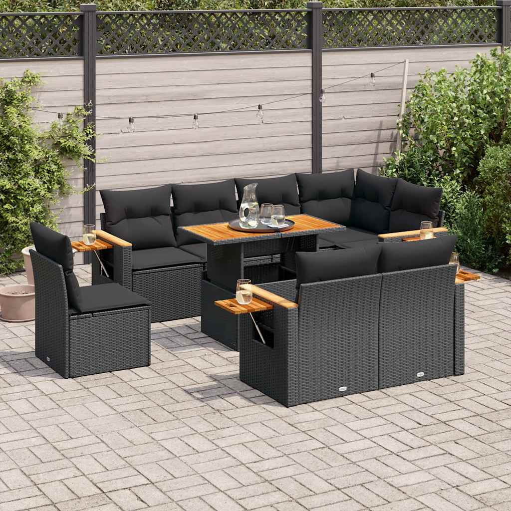 Set Divani da Giardino 9 pz con Cuscini Nero Polyrattan Acacia