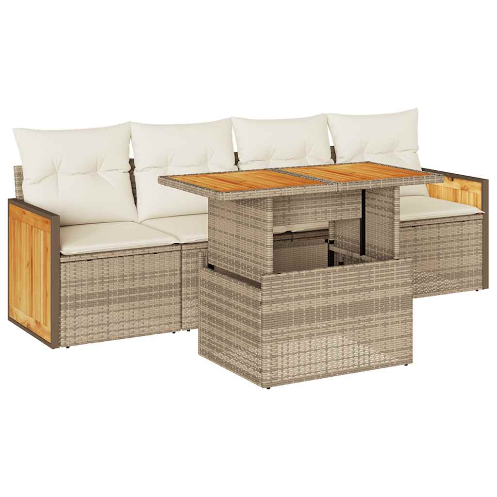 Set Divano da Giardino 5 pz con Cuscini Beige Polyrattan Acacia