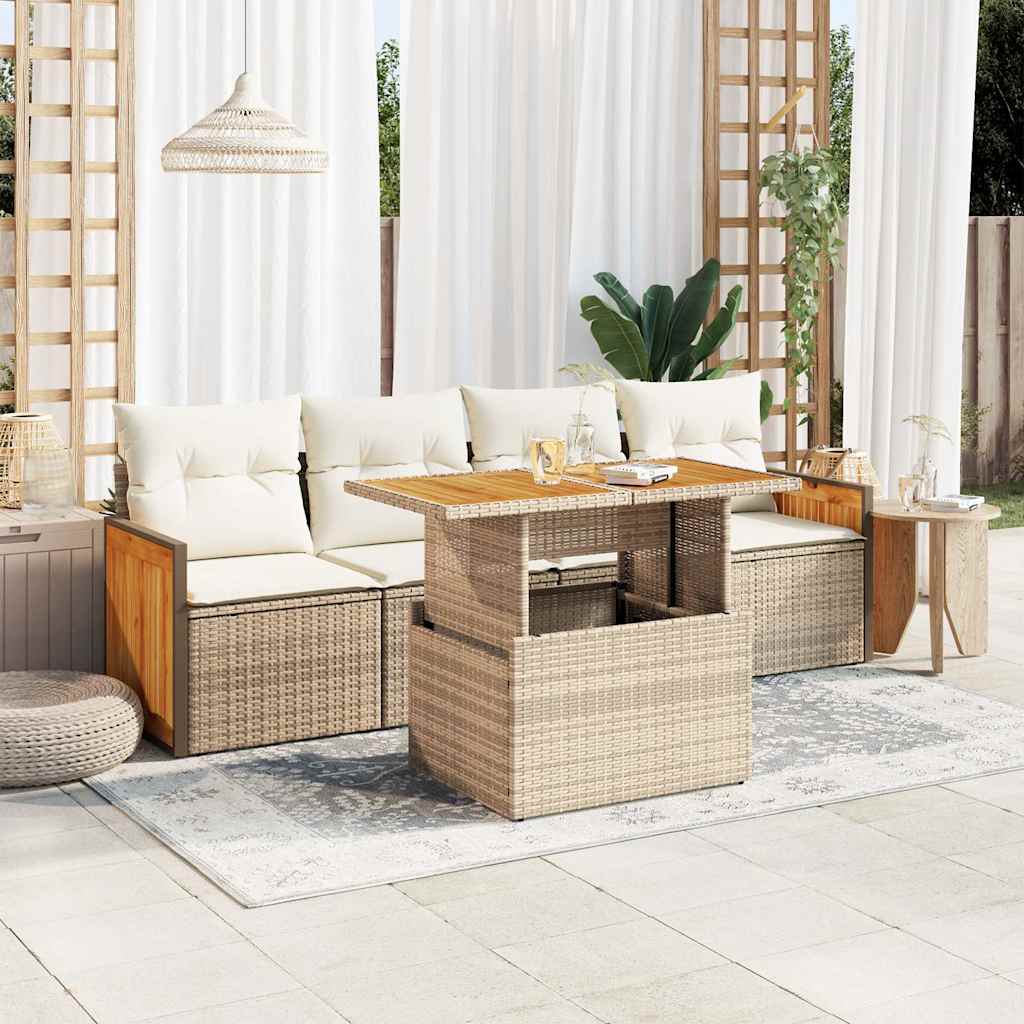 Set Divano da Giardino 5 pz con Cuscini Beige Polyrattan Acacia