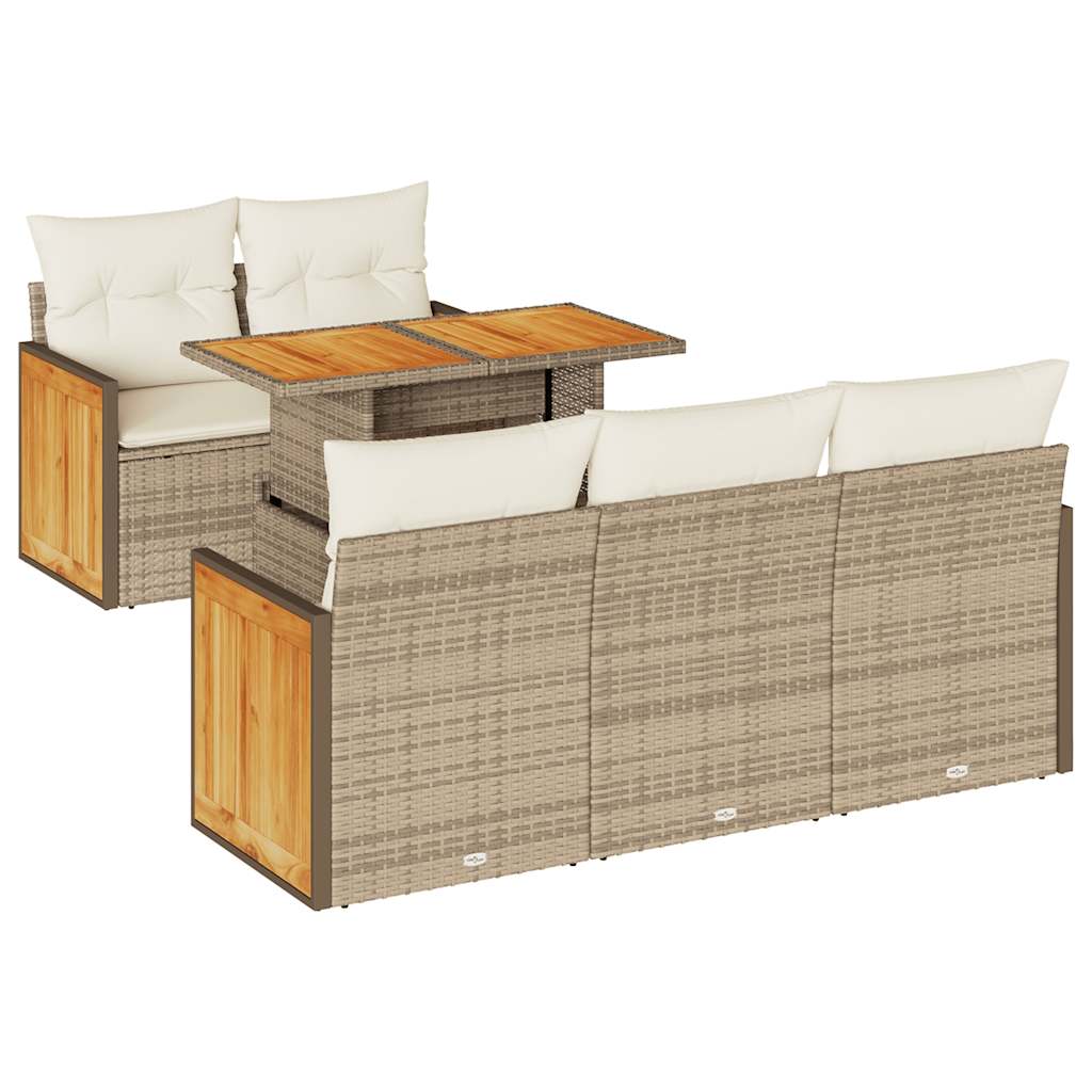 Set Divano da Giardino 6 pz con Cuscini Beige Polyrattan Acacia