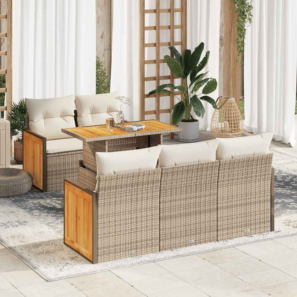 Set Divano da Giardino 6 pz con Cuscini Beige Polyrattan Acacia