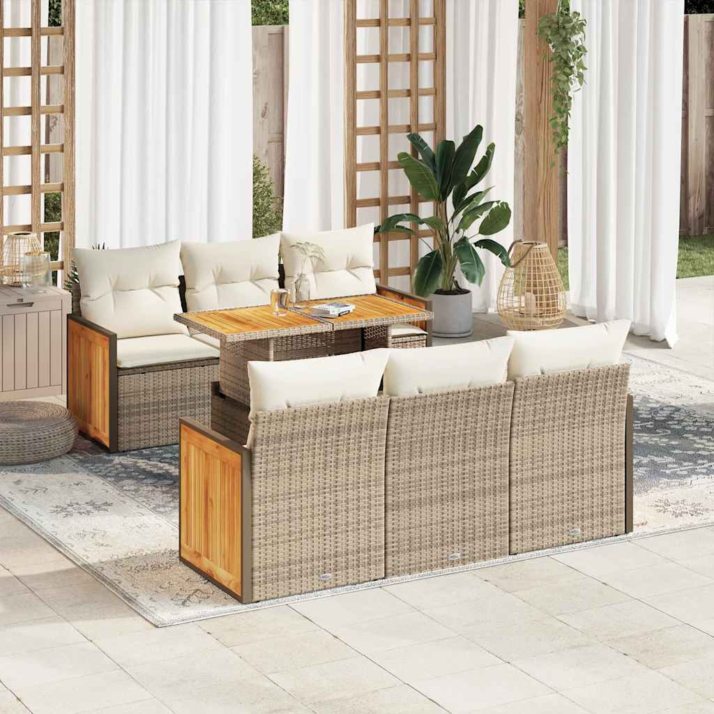 Set Divani da Giardino 7 pz con Cuscini Beige Polyrattan Acacia