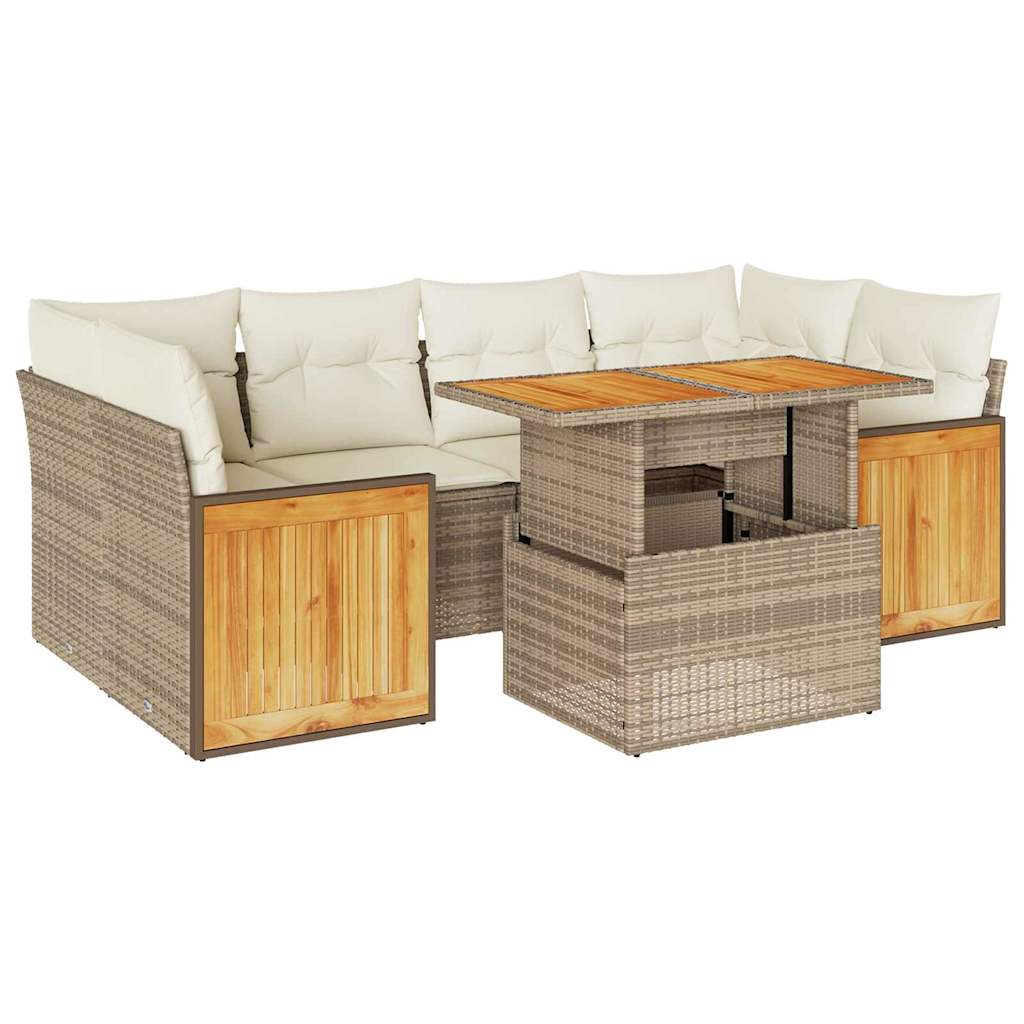 Set Divani da Giardino 7 pz con Cuscini Beige Polyrattan Acacia