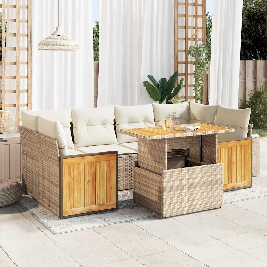 Set Divani da Giardino 7 pz con Cuscini Beige Polyrattan Acacia