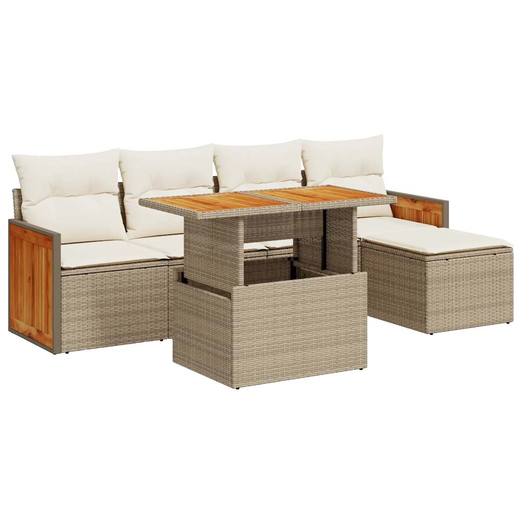 Set Divano da Giardino 6 pz con Cuscini Beige Polyrattan Acacia