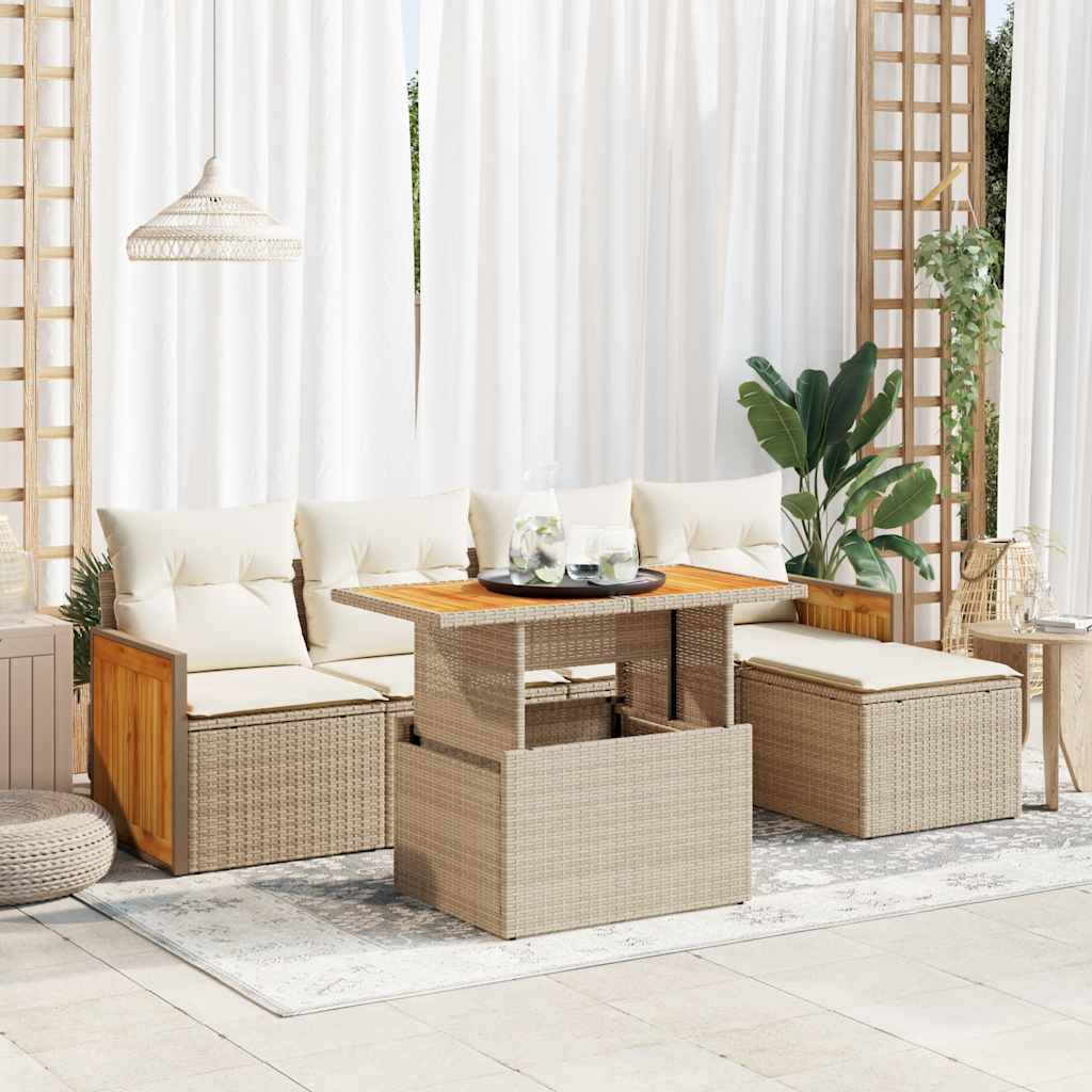 Set Divano da Giardino 6 pz con Cuscini Beige Polyrattan Acacia