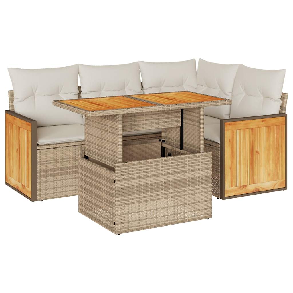 Set Divano da Giardino 5 pz con Cuscini Beige Polyrattan Acacia