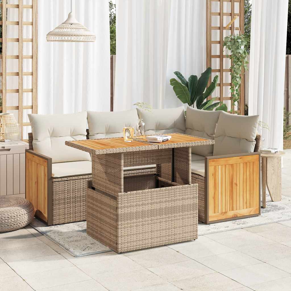 Set Divano da Giardino 5 pz con Cuscini Beige Polyrattan Acacia