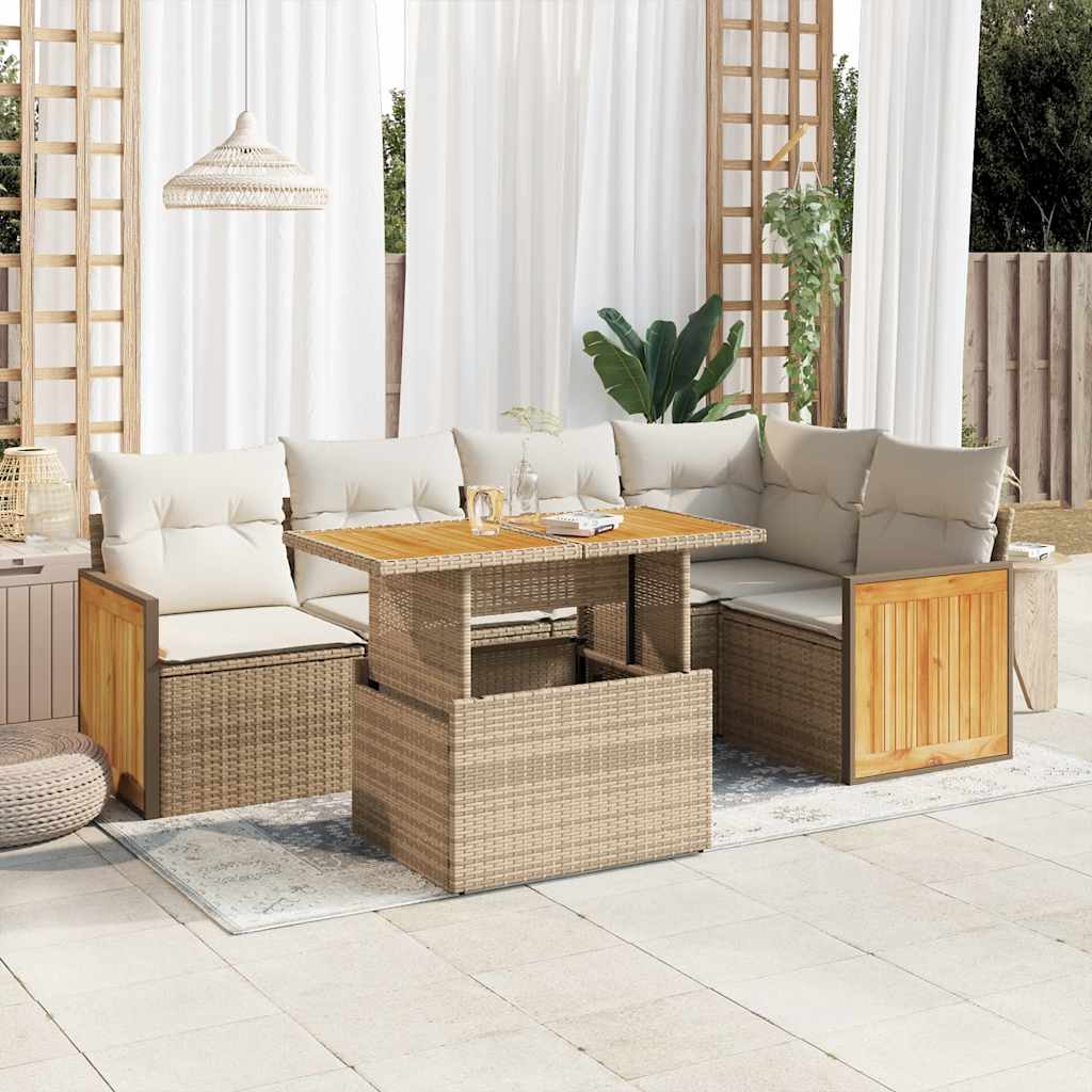 Set Divano da Giardino 6 pz con Cuscini Beige Polyrattan Acacia