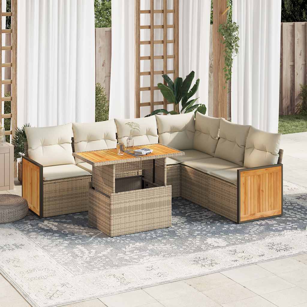 Set Divani da Giardino 7 pz con Cuscini Beige Polyrattan Acacia