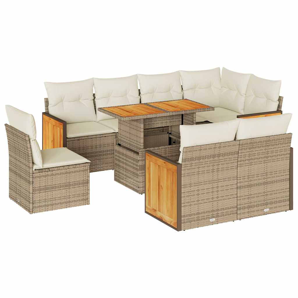 Set Divano da Giardino 9 pz con Cuscini Beige Polyrattan Acacia