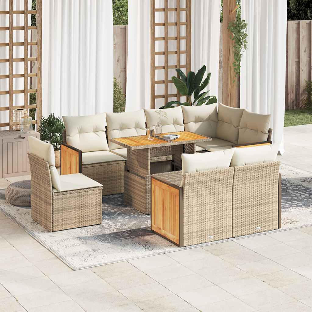 Set Divano da Giardino 9 pz con Cuscini Beige Polyrattan Acacia