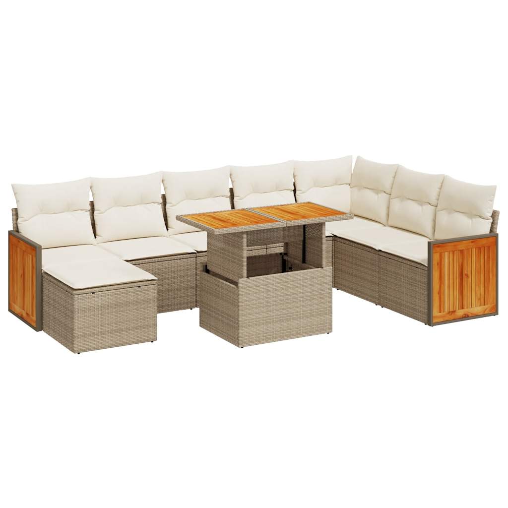 Set Divano da Giardino 9 pz con Cuscini Beige Polyrattan Acacia